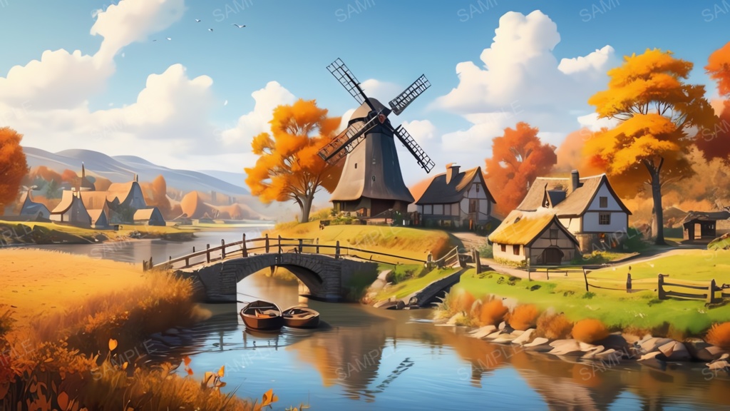 中世ファンタジー|秋に染まる風車の農村(昼)|10枚セット