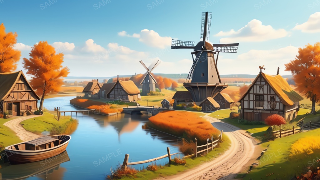 中世ファンタジー|秋に染まる風車の農村(昼)|10枚セット