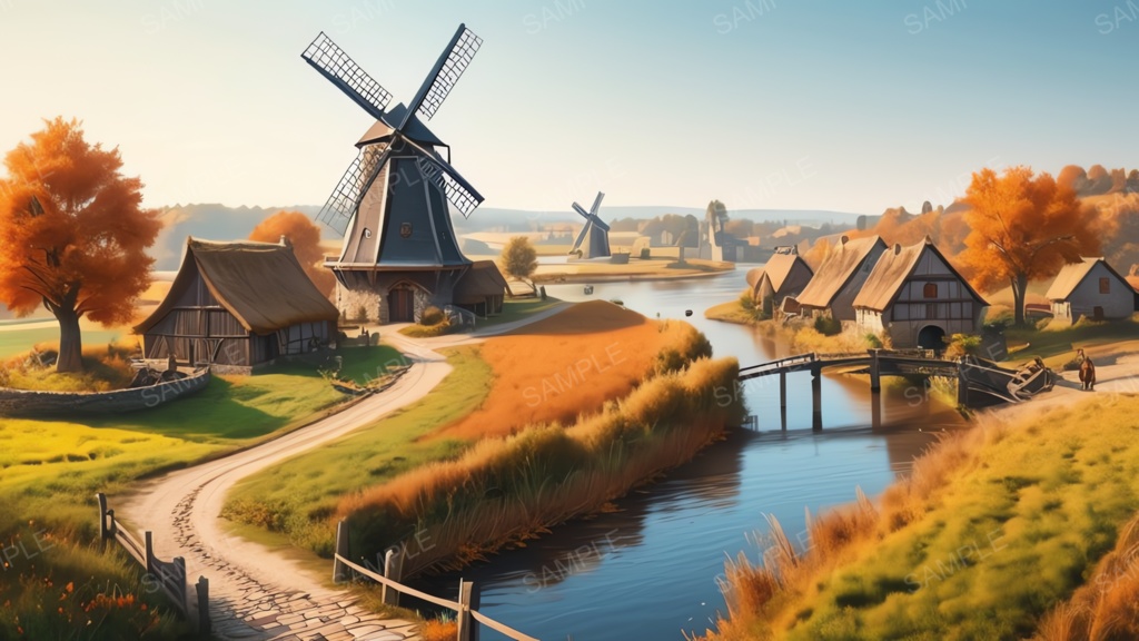 中世ファンタジー|秋に染まる風車の農村(昼)|10枚セット