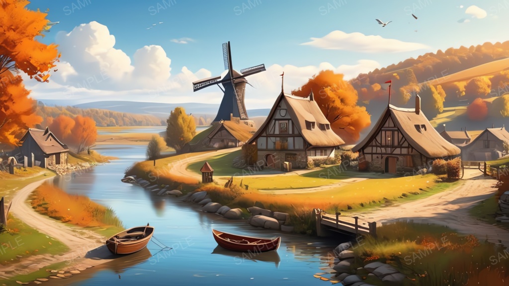 中世ファンタジー｜秋に染まる風車の農村(昼)｜10枚セット