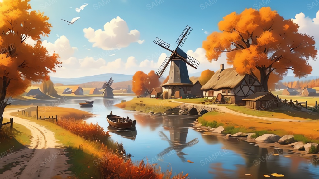 中世ファンタジー|秋に染まる風車の農村(昼)|10枚セット