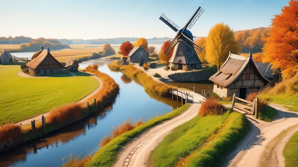 中世ファンタジー|秋に染まる風車の農村(昼)|10枚セット