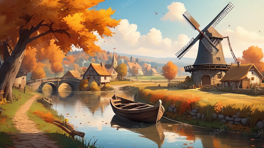 中世ファンタジー|秋に染まる風車の農村(昼)|10枚セット