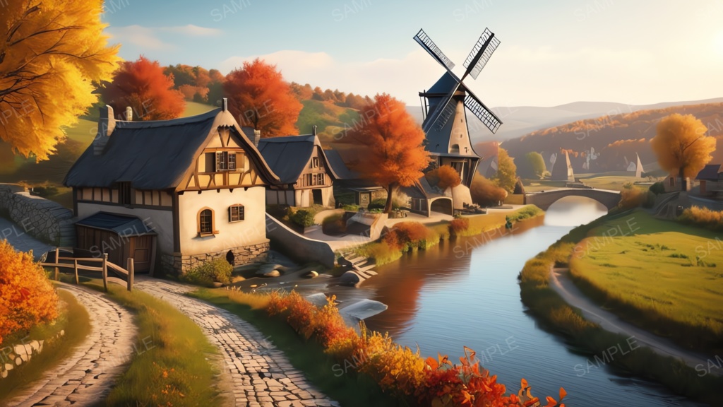 中世ファンタジー|秋に染まる風車の農村(夕暮れ)|10枚セット