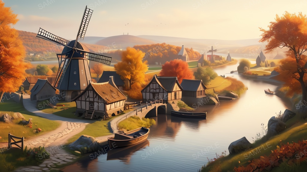 中世ファンタジー|秋に染まる風車の農村(夕暮れ)|10枚セット