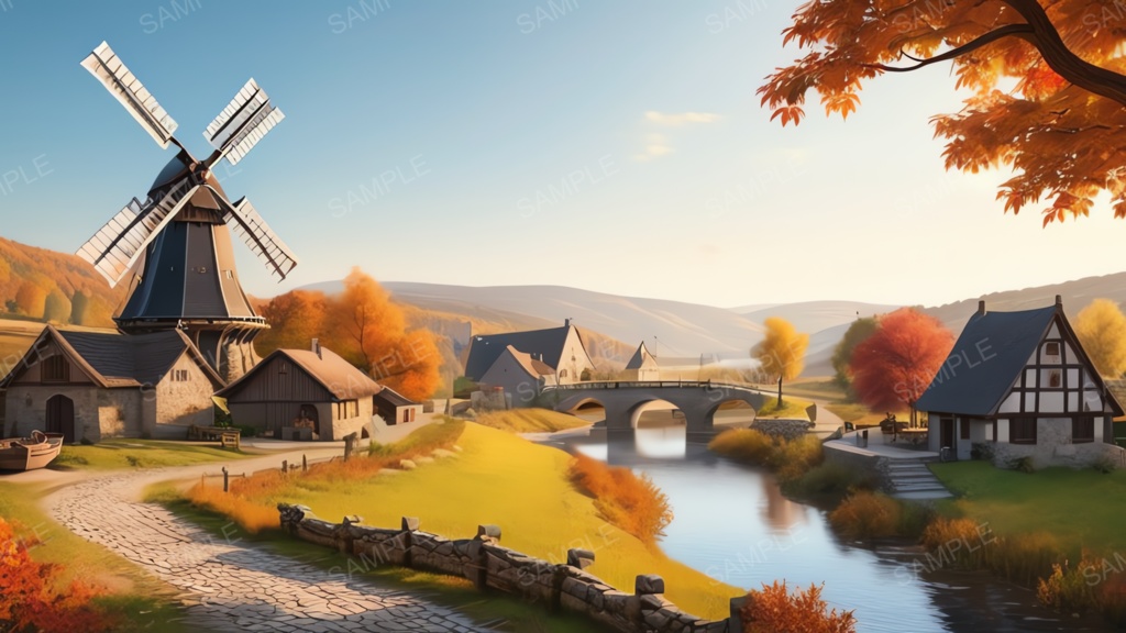 中世ファンタジー|秋に染まる風車の農村(夕暮れ)|10枚セット