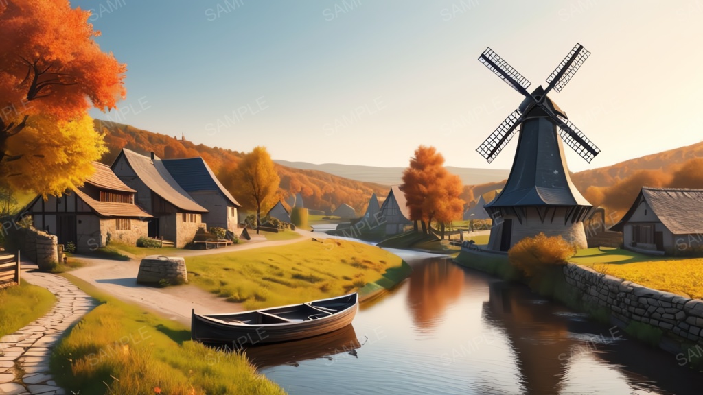 中世ファンタジー|秋に染まる風車の農村(夕暮れ)|10枚セット