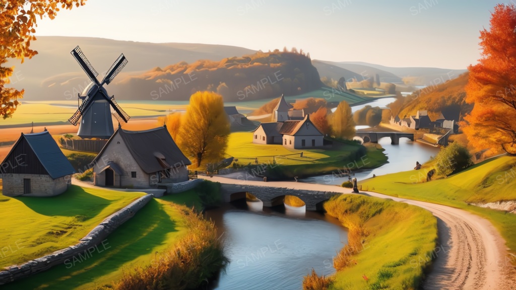 中世ファンタジー|秋に染まる風車の農村(夕暮れ)|10枚セット