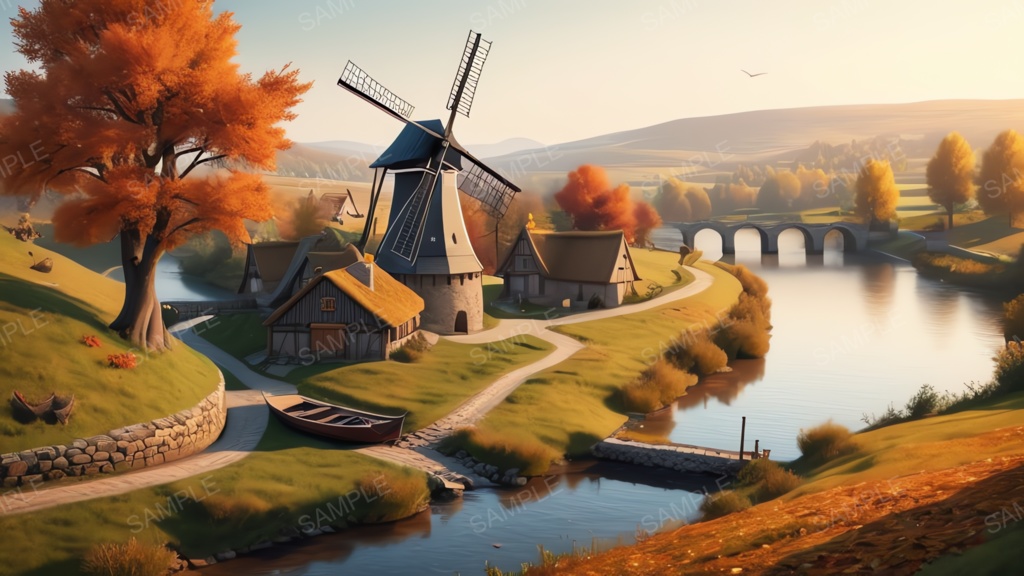 中世ファンタジー|秋に染まる風車の農村(夕暮れ)|10枚セット