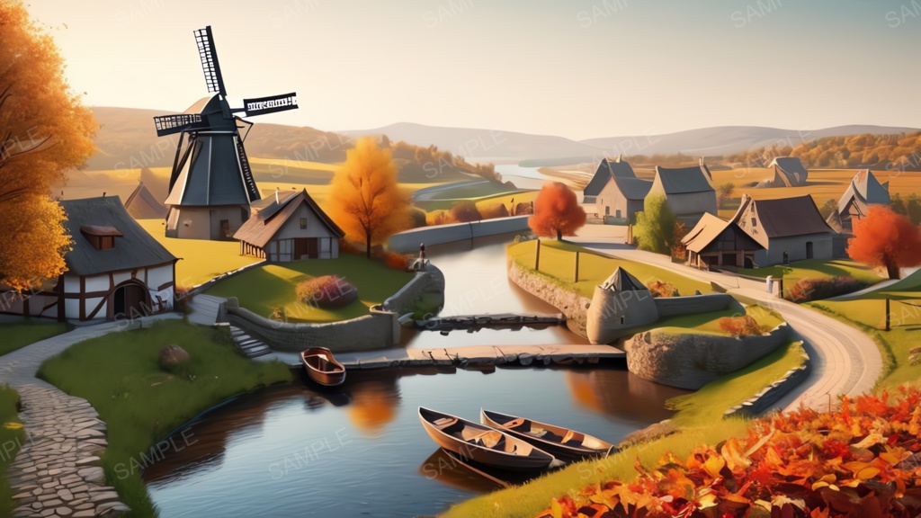 中世ファンタジー|秋に染まる風車の農村(夕暮れ)|10枚セット