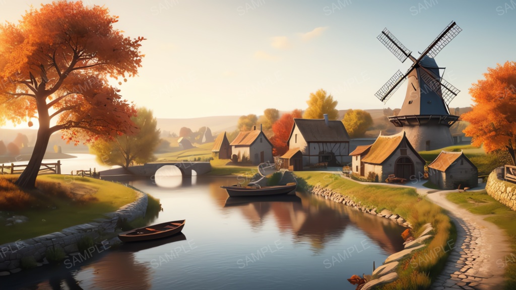 中世ファンタジー|秋に染まる風車の農村(夕暮れ)|10枚セット