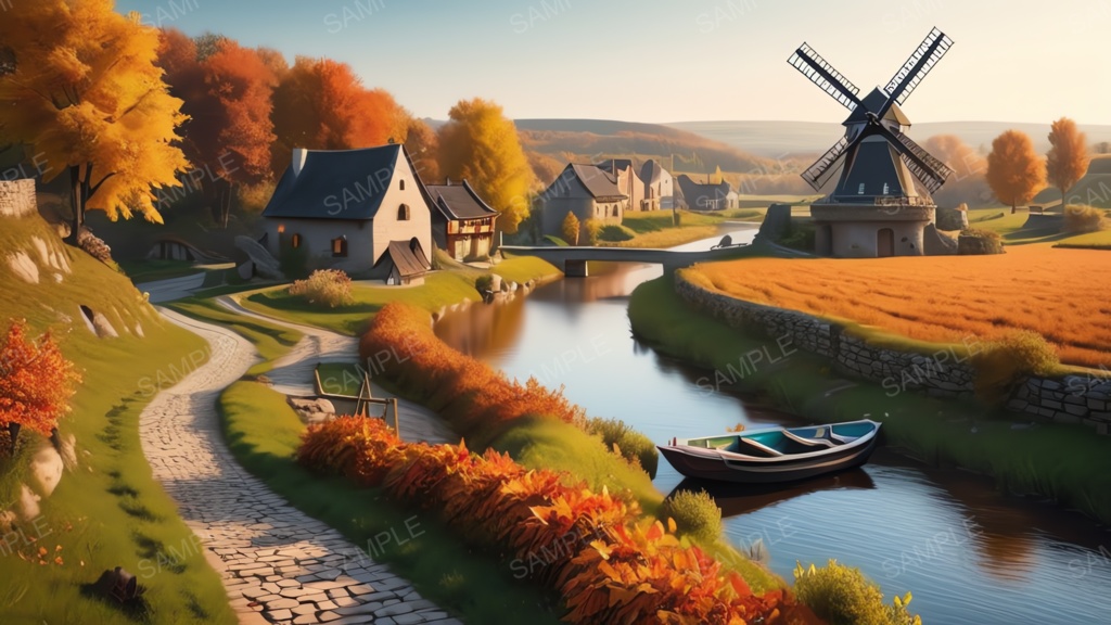 中世ファンタジー|秋に染まる風車の農村(夕暮れ)|10枚セット