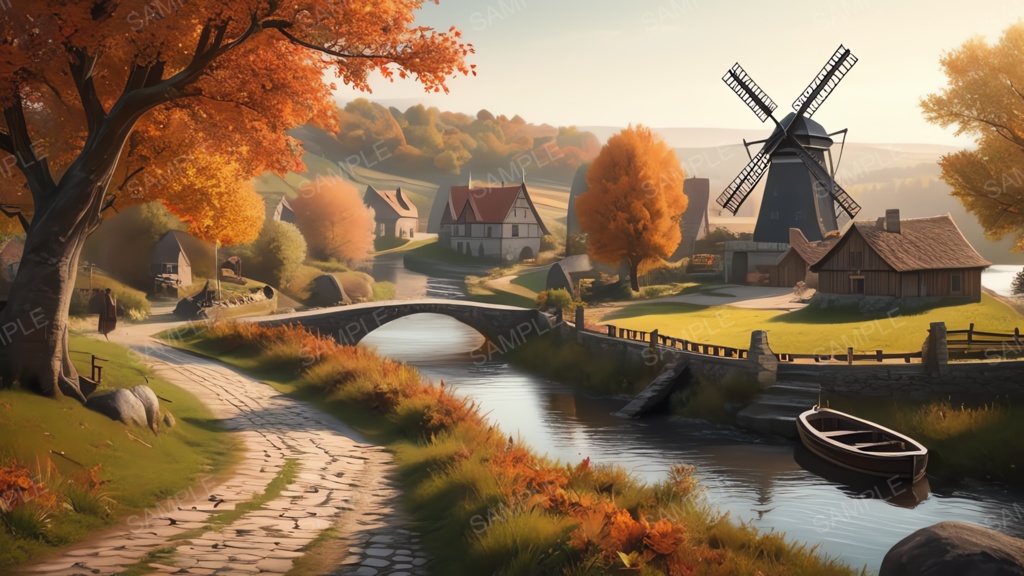 中世ファンタジー|秋に染まる風車の農村(夕暮れ)|10枚セット