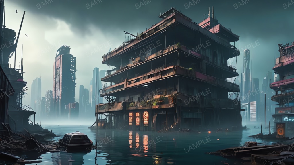 退廃サイバーパンク|水没した摩天楼|10枚セット