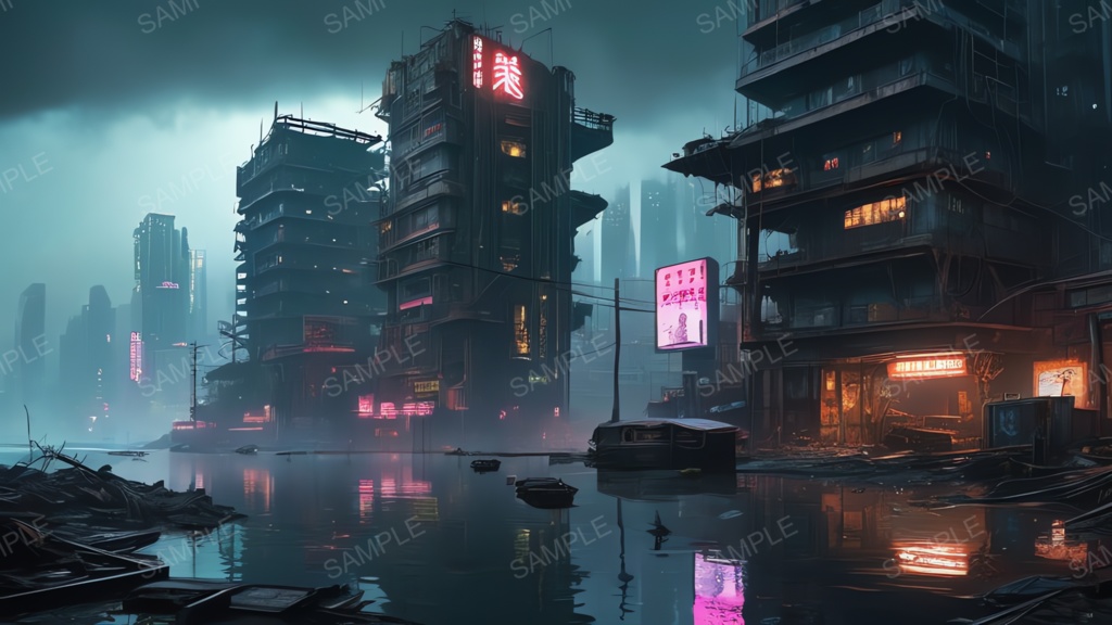 退廃サイバーパンク|水没した摩天楼|10枚セット