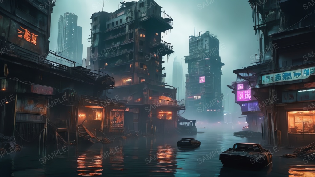 退廃サイバーパンク|水没した摩天楼|10枚セット