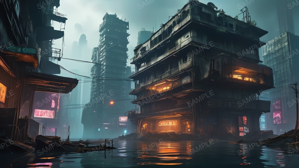 退廃サイバーパンク|水没した摩天楼|10枚セット