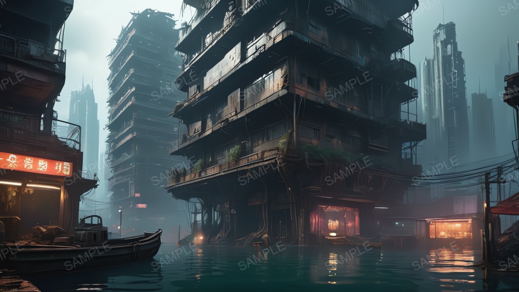 退廃サイバーパンク|水没した摩天楼|10枚セット