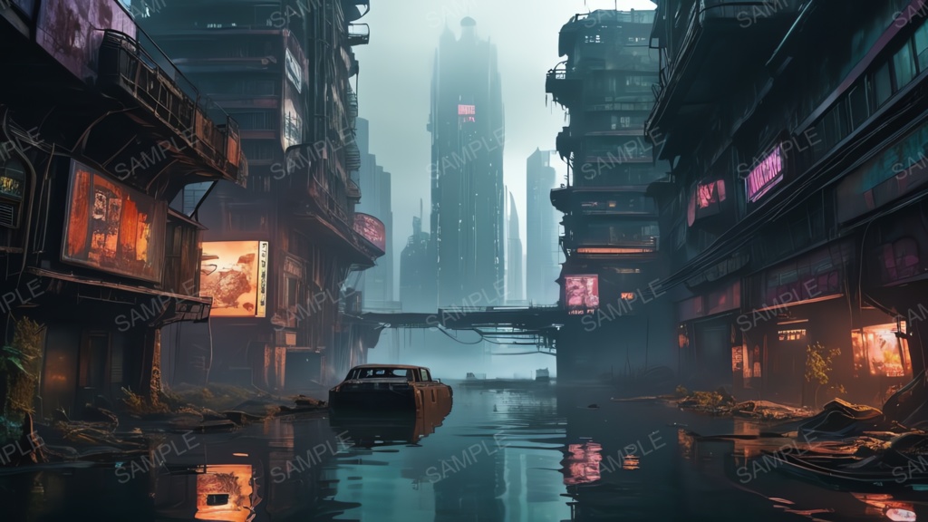 退廃サイバーパンク|水没した摩天楼|10枚セット