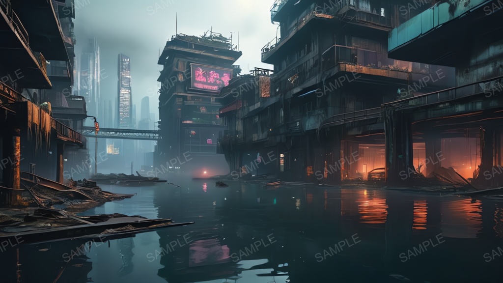 退廃サイバーパンク|水没した摩天楼|10枚セット