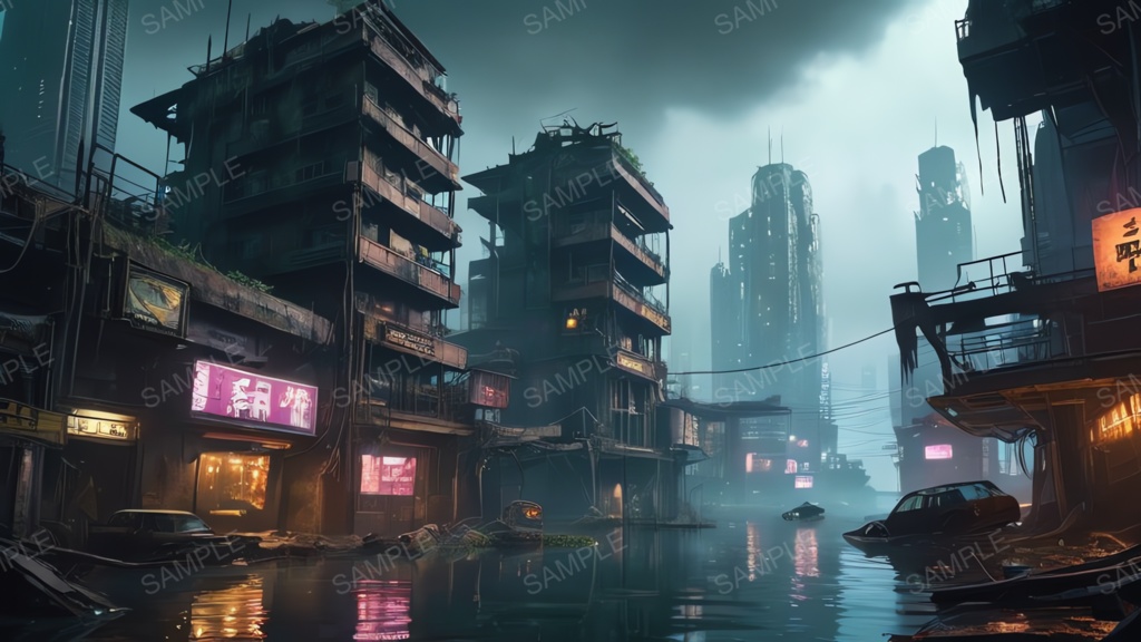 退廃サイバーパンク|水没した摩天楼|10枚セット