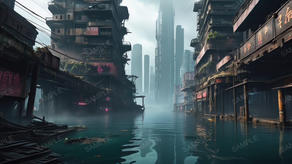 退廃サイバーパンク|水没した摩天楼|10枚セット