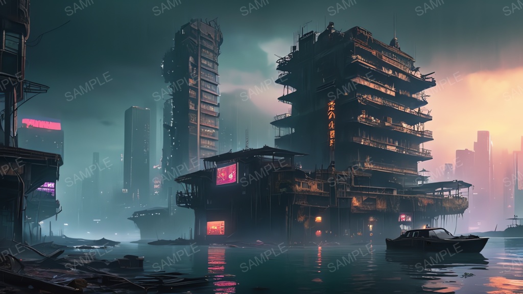 退廃サイバーパンク|水没した摩天楼|10枚セット