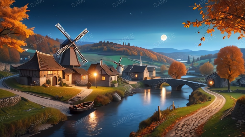 中世ファンタジー|秋に染まる風車の農村(黄色い月夜)|10枚セット