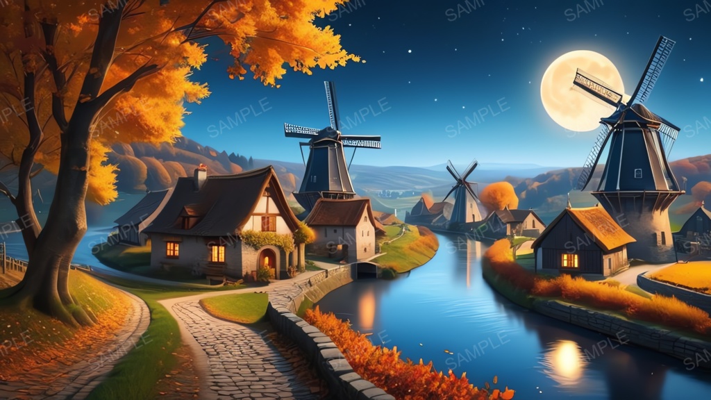 中世ファンタジー|秋に染まる風車の農村(黄色い月夜)|10枚セット