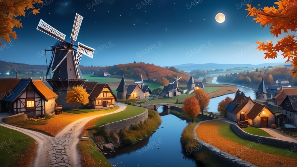 中世ファンタジー|秋に染まる風車の農村(黄色い月夜)|10枚セット