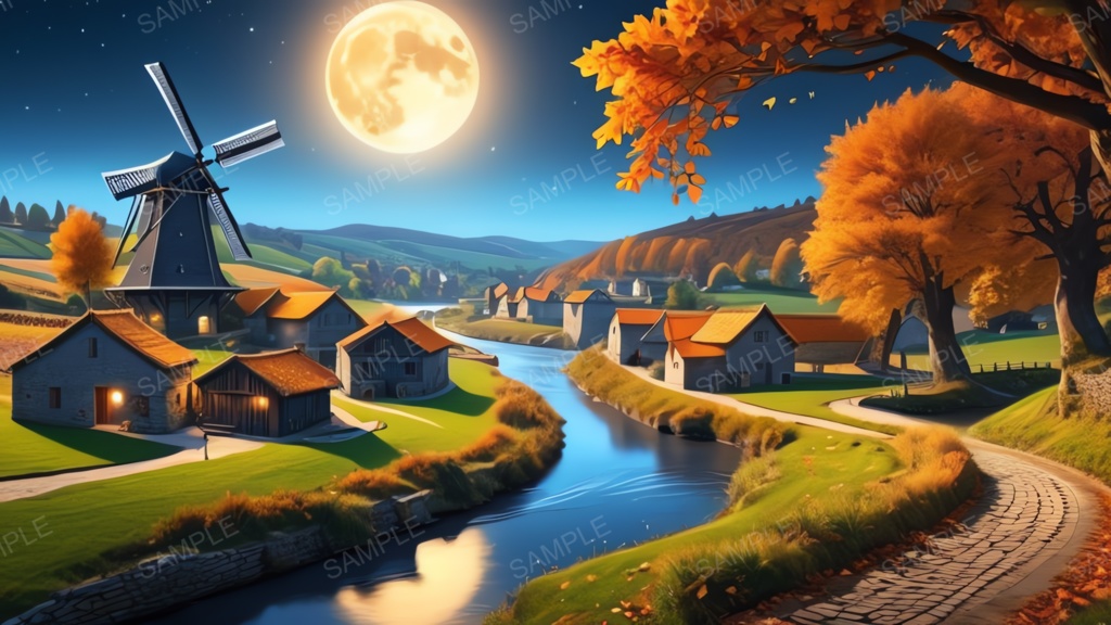 中世ファンタジー|秋に染まる風車の農村(黄色い月夜)|10枚セット