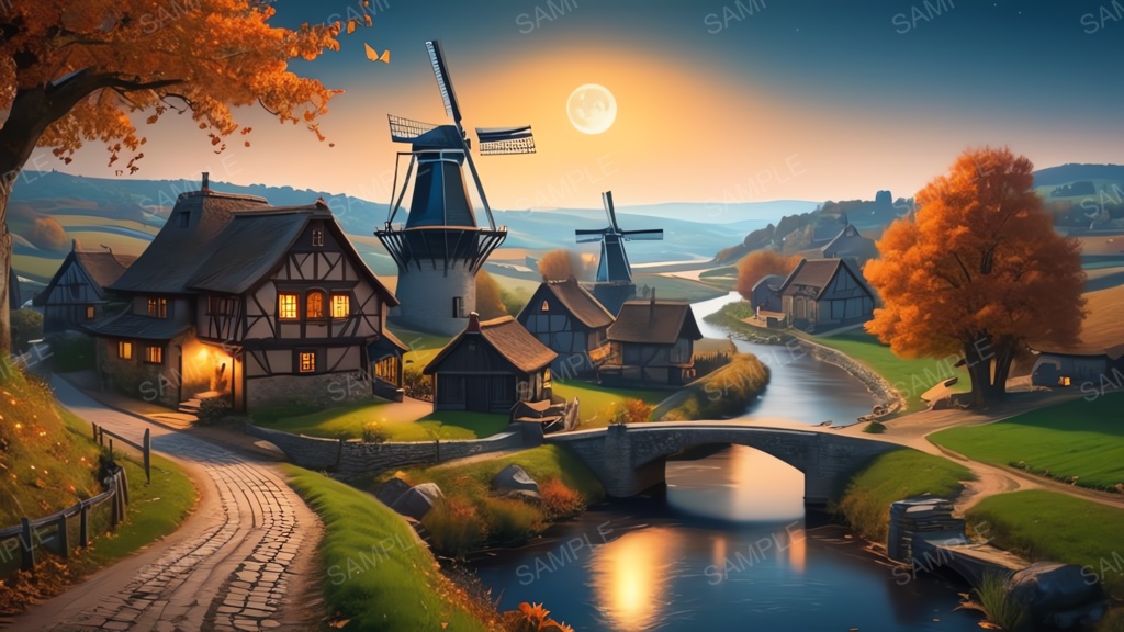 中世ファンタジー|秋に染まる風車の農村(黄色い月夜)|10枚セット