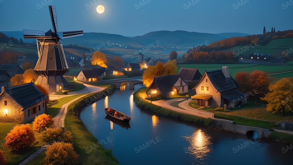 中世ファンタジー|秋に染まる風車の農村(黄色い月夜)|10枚セット