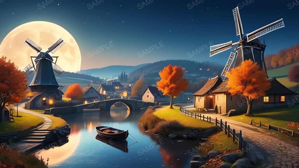 中世ファンタジー|秋に染まる風車の農村(黄色い月夜)|10枚セット