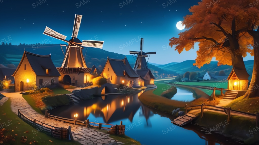 中世ファンタジー|秋に染まる風車の農村(白い月夜)|10枚セット