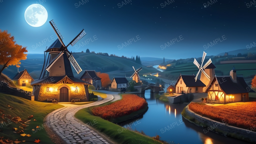 中世ファンタジー|秋に染まる風車の農村(白い月夜)|10枚セット