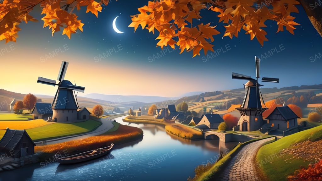 中世ファンタジー|秋に染まる風車の農村(白い月夜)|10枚セット