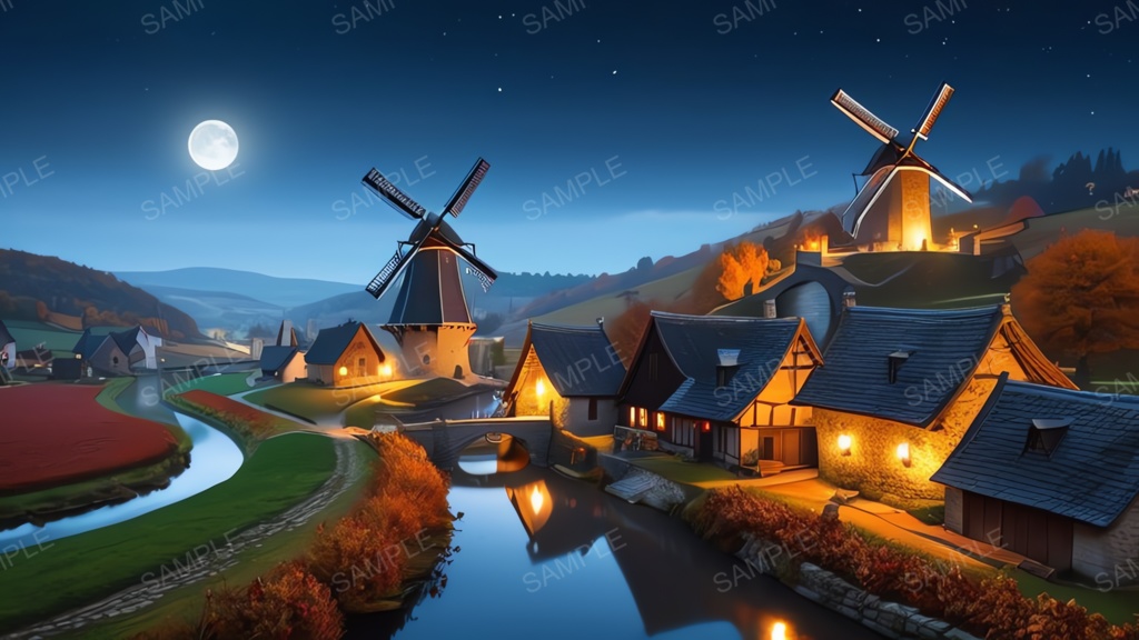 中世ファンタジー｜秋に染まる風車の農村(白い月夜)｜10枚セット