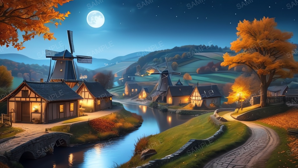 中世ファンタジー|秋に染まる風車の農村(白い月夜)|10枚セット