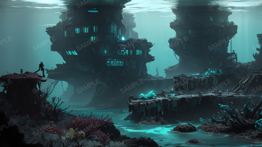 退廃サイバーパンク|海底都市の残骸 part1|10枚セット