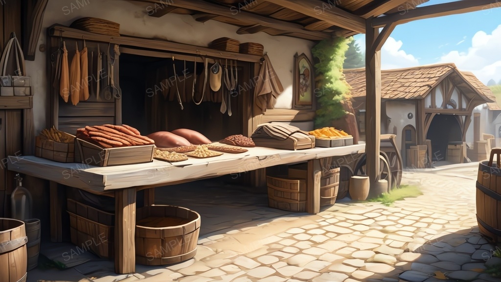 中世ファンタジー|街道沿いの露店商店(アニメ調)|10枚セット