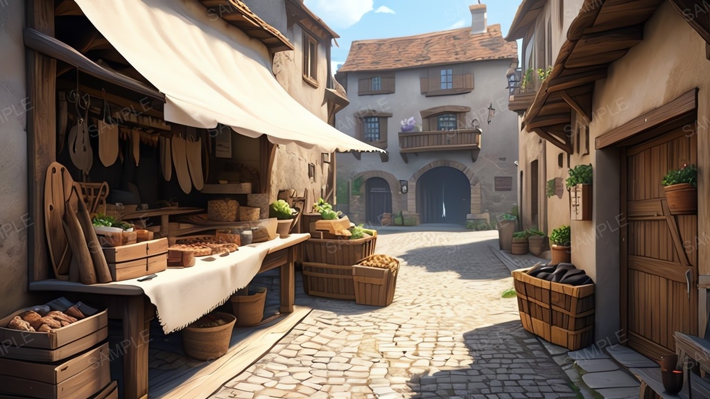 中世ファンタジー|街道沿いの露店商店(アニメ調)|10枚セット