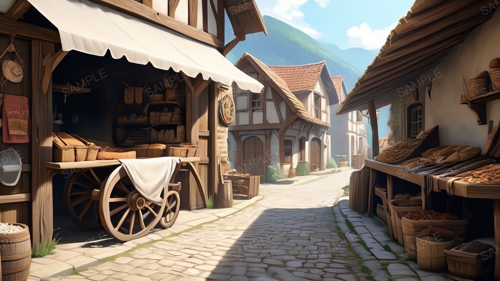 中世ファンタジー|街道沿いの露店商店(アニメ調)|10枚セット