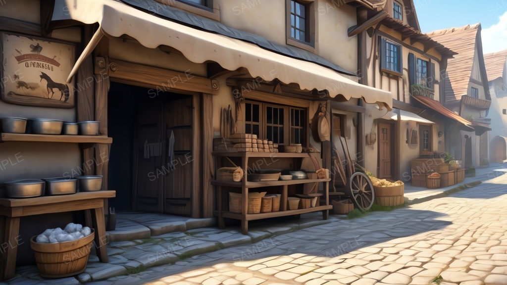 中世ファンタジー|街道沿いの露店商店(アニメ調)|10枚セット