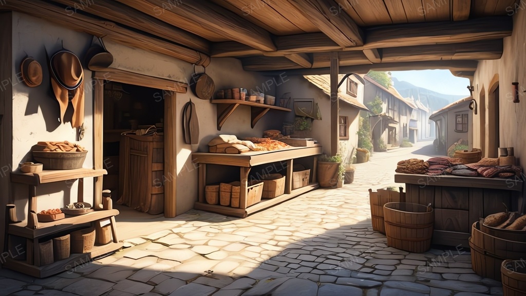 中世ファンタジー｜街道沿いの露店商店（アニメ調）｜10枚セット