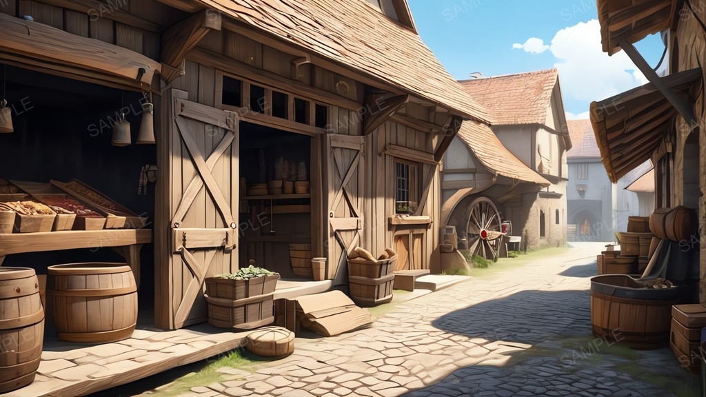 中世ファンタジー|街道沿いの露店商店(アニメ調)|10枚セット