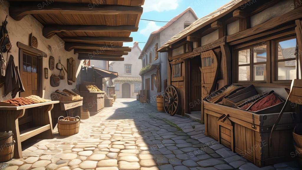 中世ファンタジー|街道沿いの露店商店(アニメ調)|10枚セット