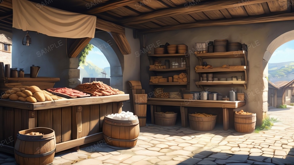 中世ファンタジー|街道沿いの露店商店(アニメ調)|10枚セット