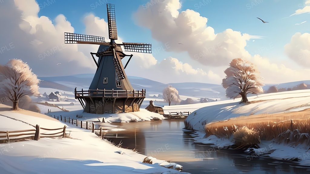 中世ファンタジー|雪原の風車村|10枚セット