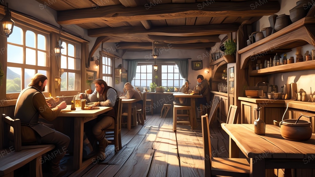 中世ファンタジー|城下町外れの大衆酒場|昼の賑わい(人物あり)|10枚セット